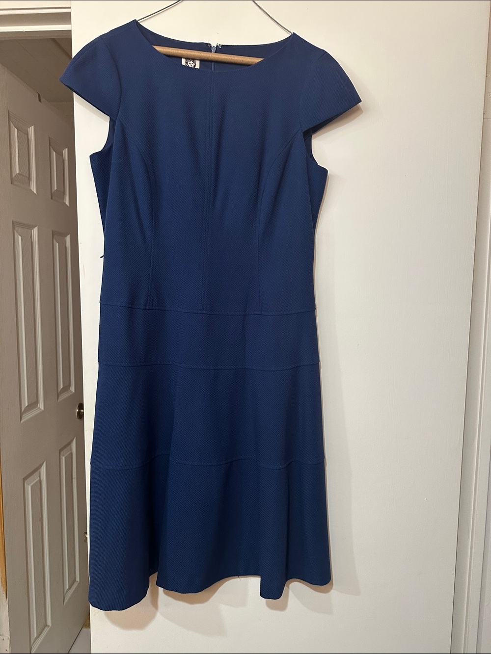 Anne Klein Navy Textured Cap-Sleeve A-Line Dress